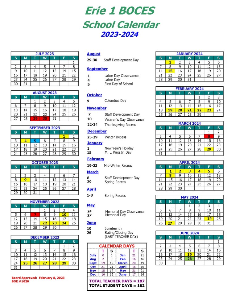 Instructional Calendar - Erie 1 BOCES